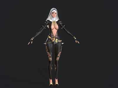 Female Game and Movie Character in Black Tight Outfit With Gold Accents and White Headscarf 3d model