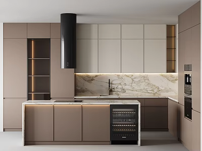 Modern Kitchen Interior Design With Marble Island Countertop Cabinets And Wine Cooler 3d model
