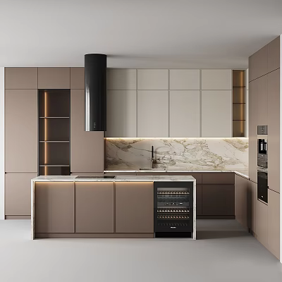 Modern Kitchen Interior Design With Marble Island Countertop Cabinets And Wine Cooler 3d model