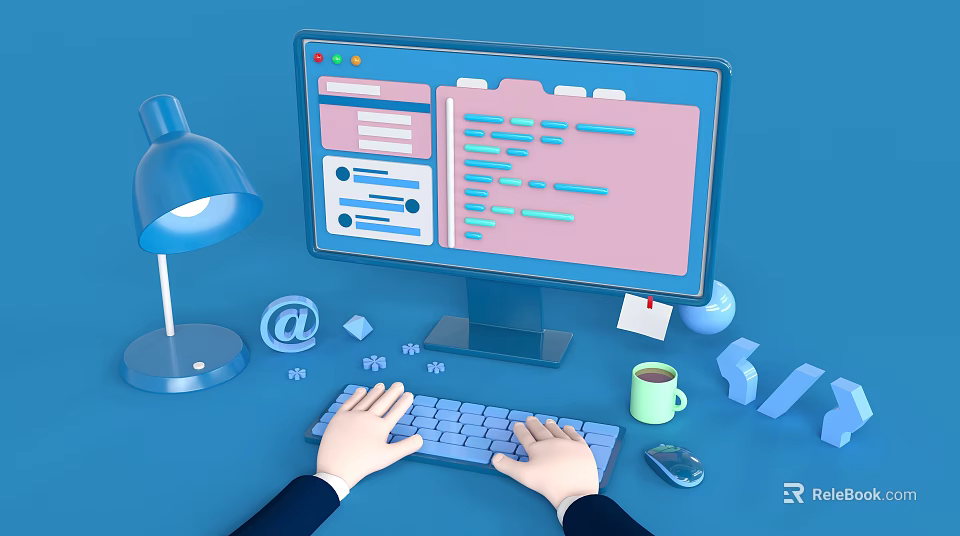 Hands Typing On Keyboard With Desktop Computer Coding Interface And Workspace Items 3d model