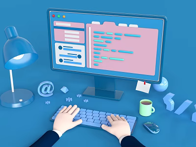 Hands Typing On Keyboard With Desktop Computer Coding Interface And Workspace Items 3d model