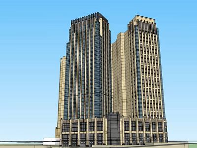 Modern Office Building With Two Tall Towers Glass Curtain Walls Decorative Tops And Base Structure 3d model