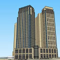 Modern Office Building With Two Tall Towers Glass Curtain Walls Decorative Tops And Base Structure