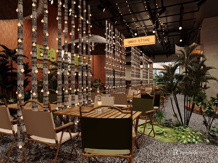 Cozy Natural Restaurant Interior With Wooden Tables Chairs Hanging Light Strings And Green Plants 3d model 