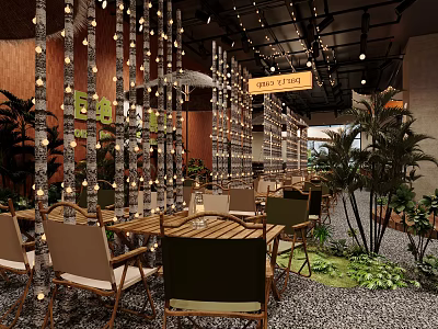 Cozy Natural Restaurant Interior With Wooden Tables Chairs Hanging Light Strings And Green Plants 3d model