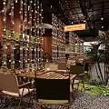 Cozy Natural Restaurant Interior With Wooden Tables Chairs Hanging Light Strings And Green Plants