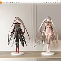 Two Collectible Anime Figures With Black Pink Costumes Long Hair And Display Stands