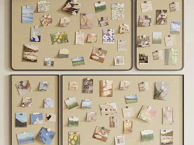 Decorative Photo Wall Collage With Various Pictures Notes And Artwork On Softboard Panels 3d model