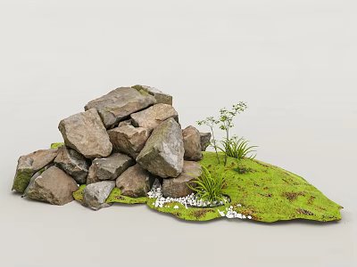 Pile Of Natural Stones With Green Moss Small Grass And Pebbles 3d model