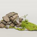 Pile Of Natural Stones With Green Moss Small Grass And Pebbles