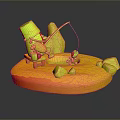 Little Character In Hat Sitting On Chair Fishing With Rod On Ice Catching Small Fish