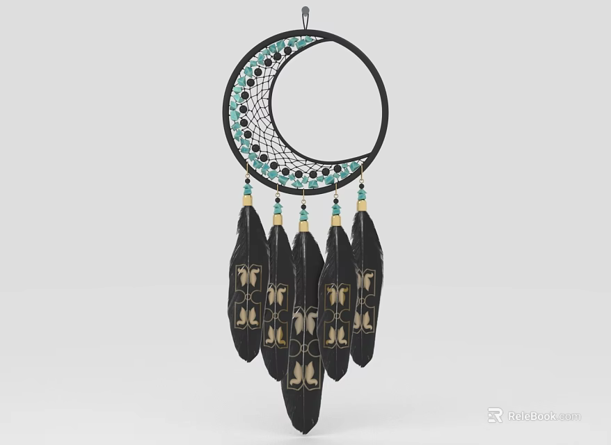 Dreamcatcher Pendant with Crescent Moon Shape Circular Frame Turquoise Accents Black Feathers Gold Patterns Design 3d model 