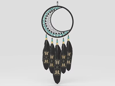 Dreamcatcher Pendant with Crescent Moon Shape Circular Frame Turquoise Accents Black Feathers Gold Patterns Design 3d model