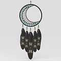 Dreamcatcher Pendant with Crescent Moon Shape Circular Frame Turquoise Accents Black Feathers Gold Patterns Design