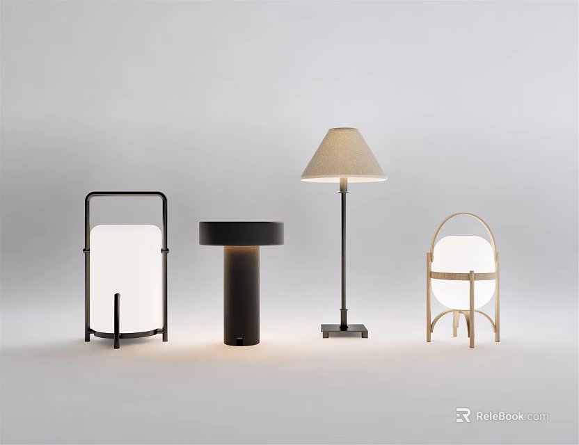 Assorted Table Lamps Showcasing Modern Metal Frames Wooden Structures And Beige White Shades 3d model 