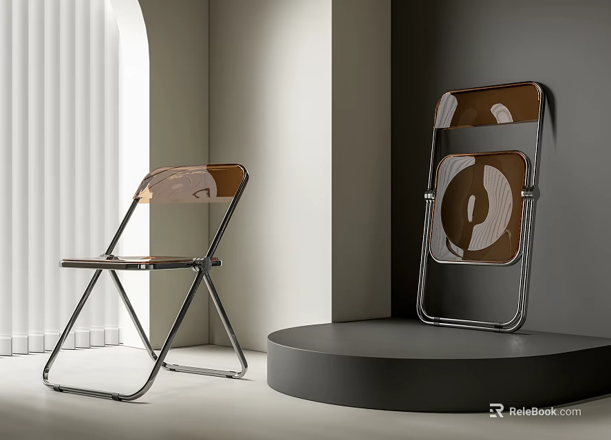 Modern Folding Leisure Chair With Metal Frame And Wooden Backrest In Interior Display Setting 3d model 