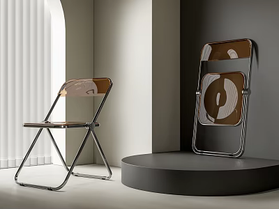 Modern Folding Leisure Chair With Metal Frame And Wooden Backrest In Interior Display Setting 3d model