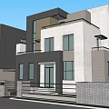 Modern Semi Detached Villa Exterior With Glass Windows White Dark Gray Facade Lawn Driveway