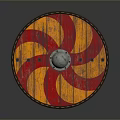Medieval Round Shield Weapon With Red And Orange Spiral Pattern Leather Rim And Metal Boss