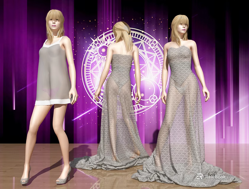 Women In Various Style Dresses Standing On Wooden Floor With Purple Background And Mystical Circle 3d model 