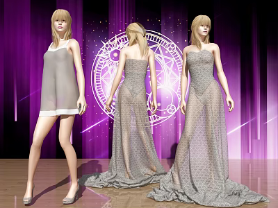 Women In Various Style Dresses Standing On Wooden Floor With Purple Background And Mystical Circle 3d model