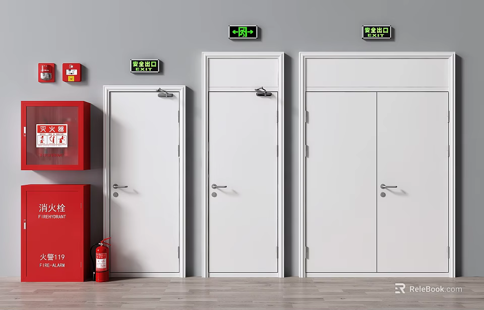Fire Safety Equipment With White Emergency Exit Doors And Red Extinguisher Cabinet 3d model 