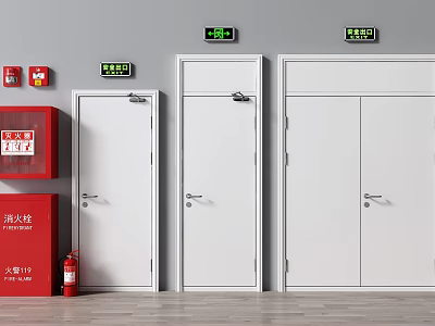 Fire Safety Equipment With White Emergency Exit Doors And Red Extinguisher Cabinet 3d model