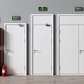 Fire Safety Equipment With White Emergency Exit Doors And Red Extinguisher Cabinet