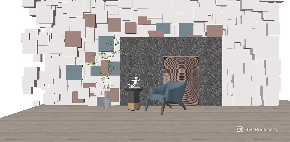 Stylish Blue Single Sofa With Small Table And Decorative Sculpture Against Geometric Pattern Wall 3d model