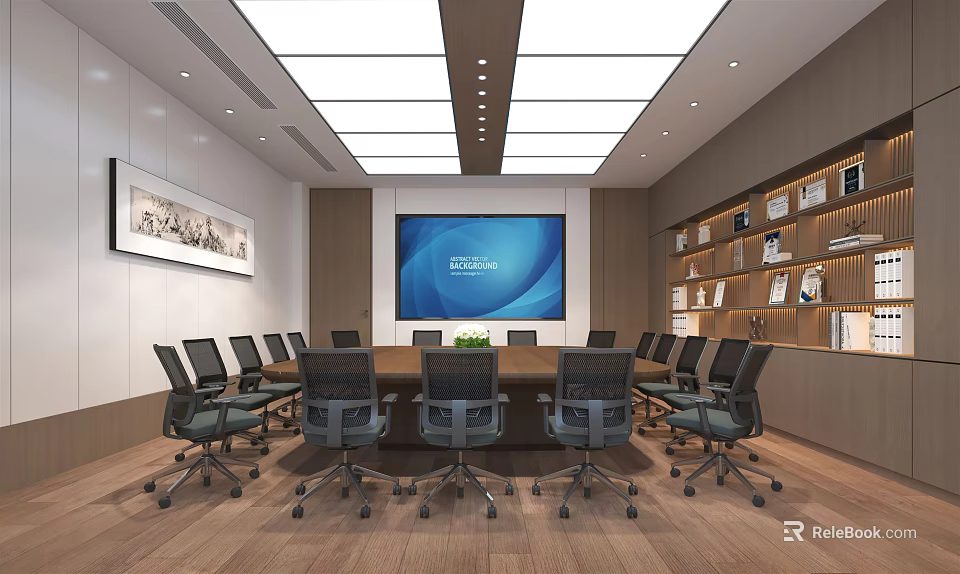 Modern Conference Room Interior With Long Table Black Chairs Large Screen And Bookshelves 3d model 