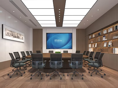 Modern Conference Room Interior With Long Table Black Chairs Large Screen And Bookshelves 3d model