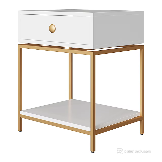 White Bedside Table With Gold Frame Round Knob And Shelf 3d model