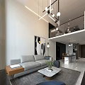 Modern Living and Dining Room Interior With Sofa Staircase Open Layout And Abstract Painting