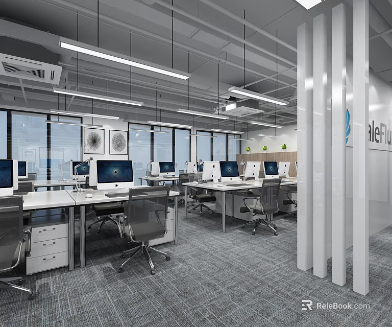 Modern Public Office Space With Open Desks Computers Large Windows And Gray Carpet 3d model