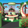 Vibrant Flower War Display Area With Circular Decorative Structures Lush Vines And Colorful Blooms