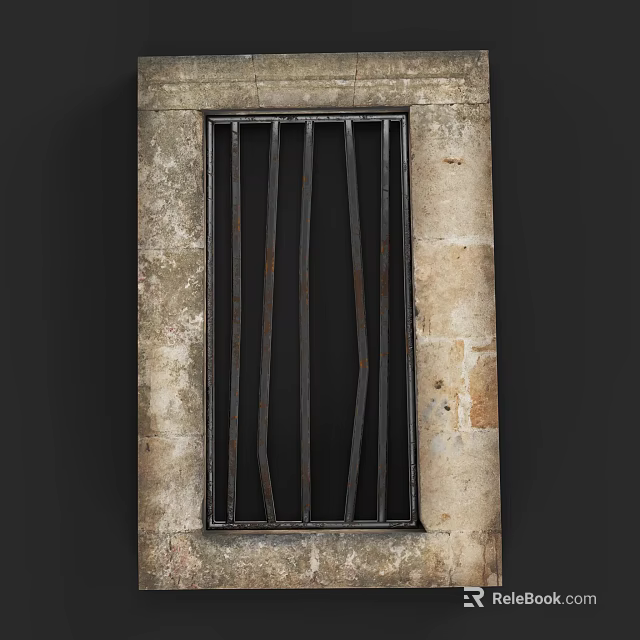 Vintage Iron Window Grille With Curved Bars On Weathered Stone Wall 3d model 