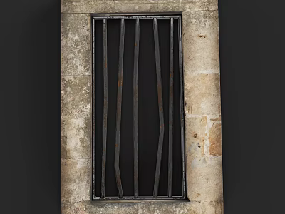 Vintage Iron Window Grille With Curved Bars On Weathered Stone Wall 3d model