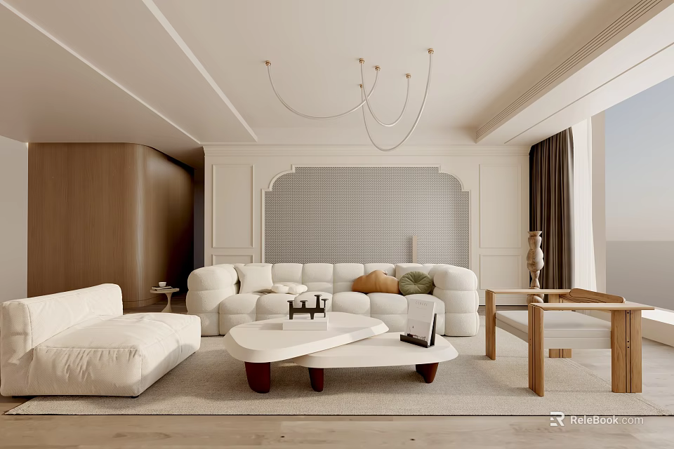 Modern Living Room Interior Design With White Sofa Wooden Coffee Table And Textured Wall 3d model 
