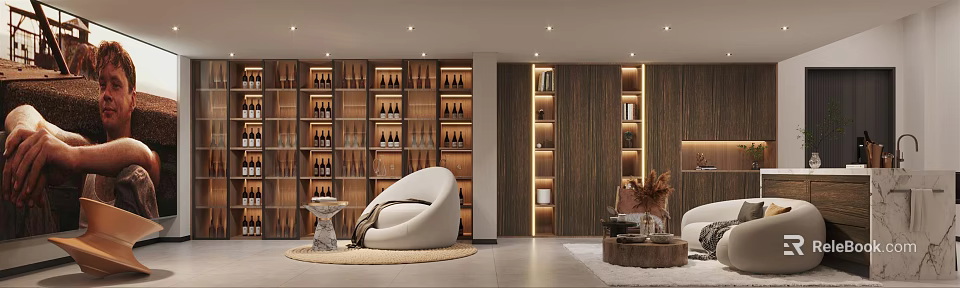 Home Theater Room Interior Design With Wooden Shelves White Curved Chair Rug And Ambient Lighting 3d model 