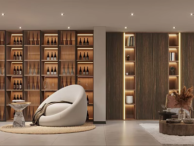 Home Theater Room Interior Design With Wooden Shelves White Curved Chair Rug And Ambient Lighting 3d model