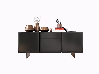 Modern Minimalist Entryway Side Cabinet With Drawers Doors And Copper Vases Bowls Stationery Decor 3d model