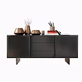 Modern Minimalist Entryway Side Cabinet With Drawers Doors And Copper Vases Bowls Stationery Decor