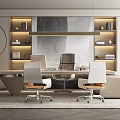 Modern Executive Office Desk With Three Chairs Shelves And Neutral Decor