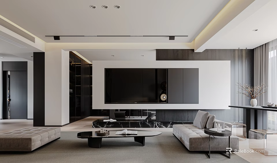 Modern Living and Dining Room Interior With Sofa Coffee Table And TV Wall Design 3d model