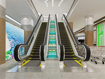 Modern Shopping Mall Lobby With Escalators Shopping Carts And Colorful Mural 3d model
