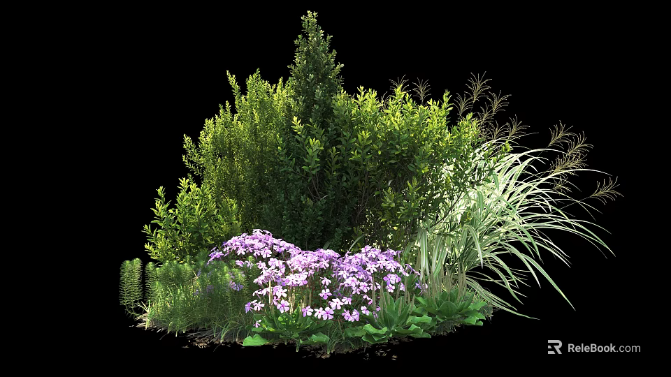 Lush Green Shrubs With Purple Flowers And Ornamental Grasses For Garden Landscaping 3d model 