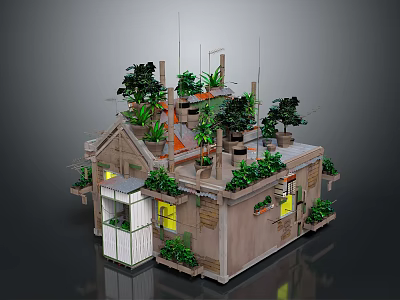 Lush Green House with Multiple Rooftop Plants Windows and Yellow Lights 3d model