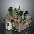 Lush Green House with Multiple Rooftop Plants Windows and Yellow Lights