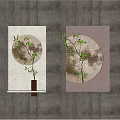 Stylish Wall Decor Featuring Circular Design Tree Branch Green Leaves on Gray Wall 3d model