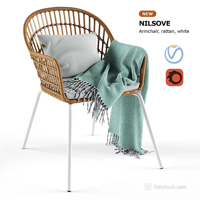 Stylish Rattan Armchair in White with Gray Pillow and Green Blanket 3d model 